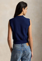 COTTON CROPPED SLEEVELESS POLO SWEATER - Sweater - east side royal