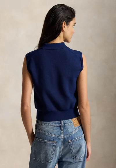 COTTON CROPPED SLEEVELESS POLO SWEATER - Sweater - east side royal