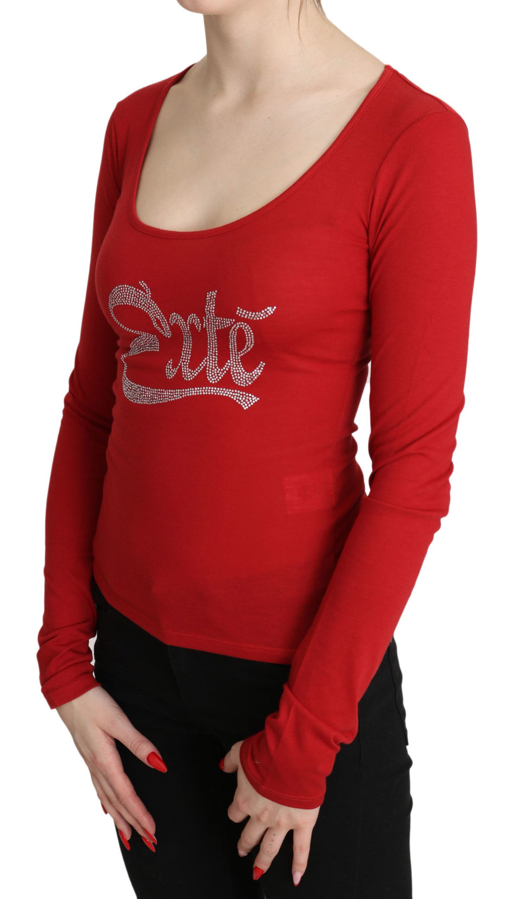 Red Exte Crystal Embellished Long Sleeve Top Blouse