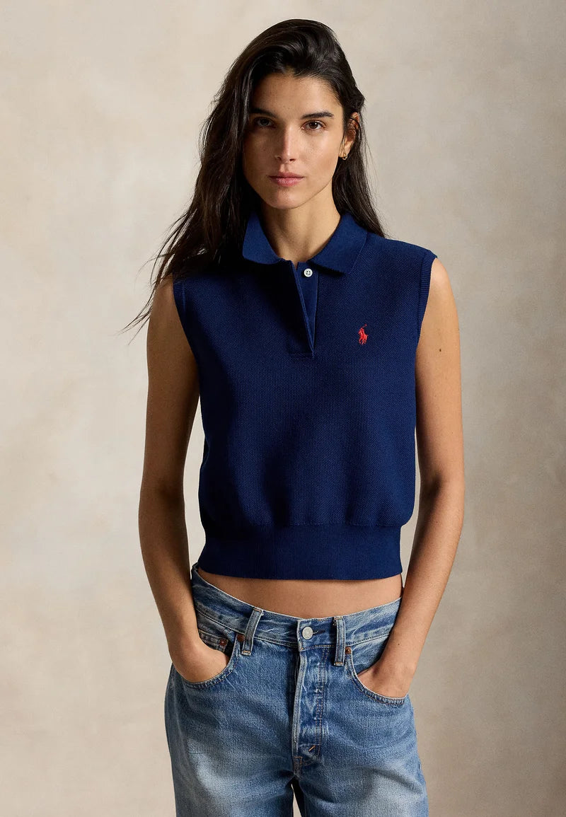 COTTON CROPPED SLEEVELESS POLO SWEATER - Sweater - east side royal