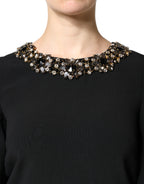 Black Crystal Embellished Round Neck Mini Dress