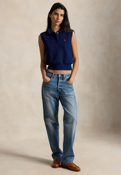 COTTON CROPPED SLEEVELESS POLO SWEATER - Sweater - east side royal