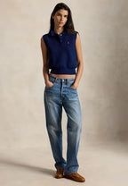 COTTON CROPPED SLEEVELESS POLO SWEATER - Sweater - east side royal