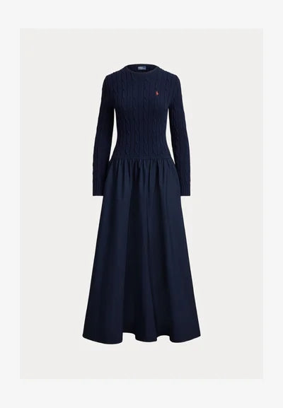 CABLE-KNIT BODICE COTTON DRESS - Knitted dress - hunter navy