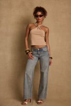 Azula Tan Embellished Halter Top
