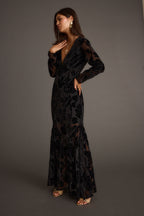 Angela Black Velvet Burnout Long Sleeve Maxi Dress
