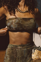 Kaia Moss Metallic Floral Strapless Top