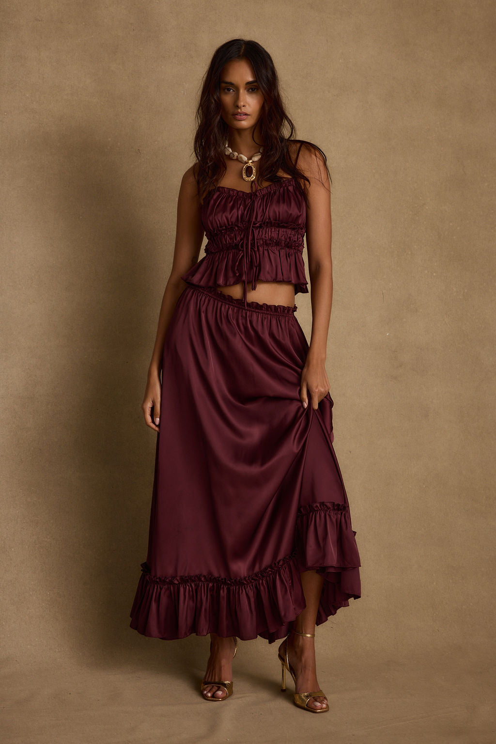 Dahlia Mulberry Satin Maxi Skirt