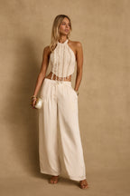 Daya Ivory Shell Embellished Halter Top