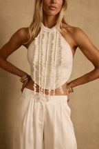 Daya Ivory Shell Embellished Halter Top