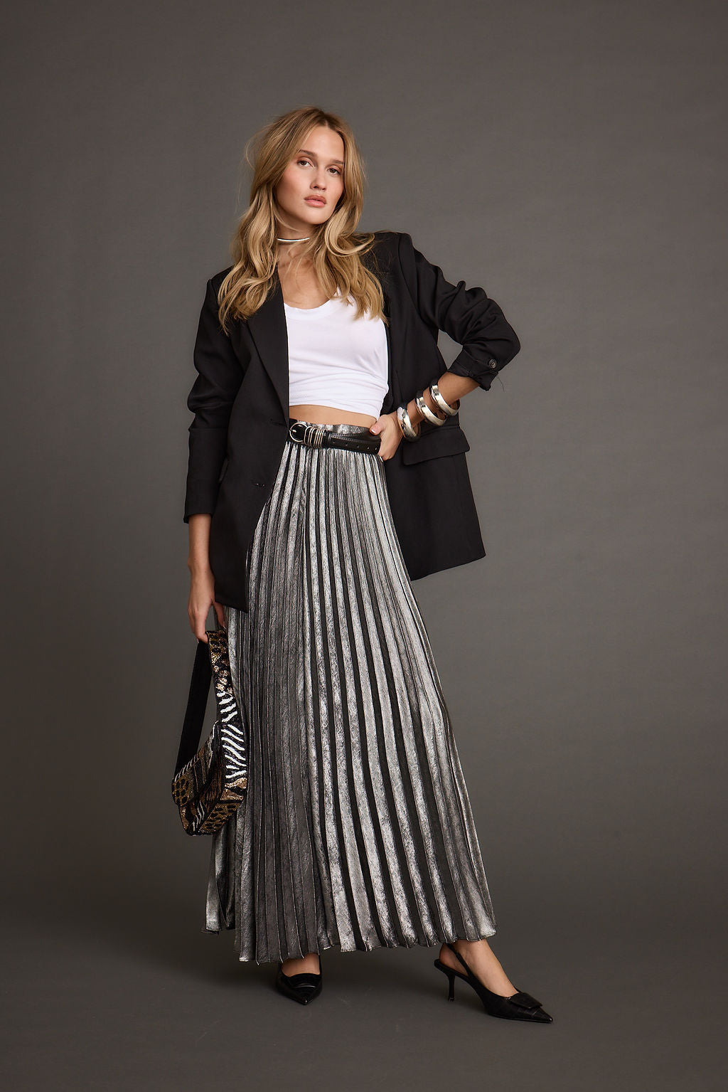 Electric Love Gunmetal Metallic Pleated Maxi Skirt