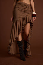 Evanna Brown High Low Ruffle Mesh Maxi Skirt