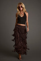 Eliza Espresso Fringe Maxi Skirt