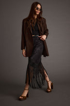 Frankie Black Satin Jacquard Fringe Midi Skirt