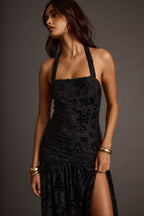 Hollow Black Burnout Halter Maxi Dress