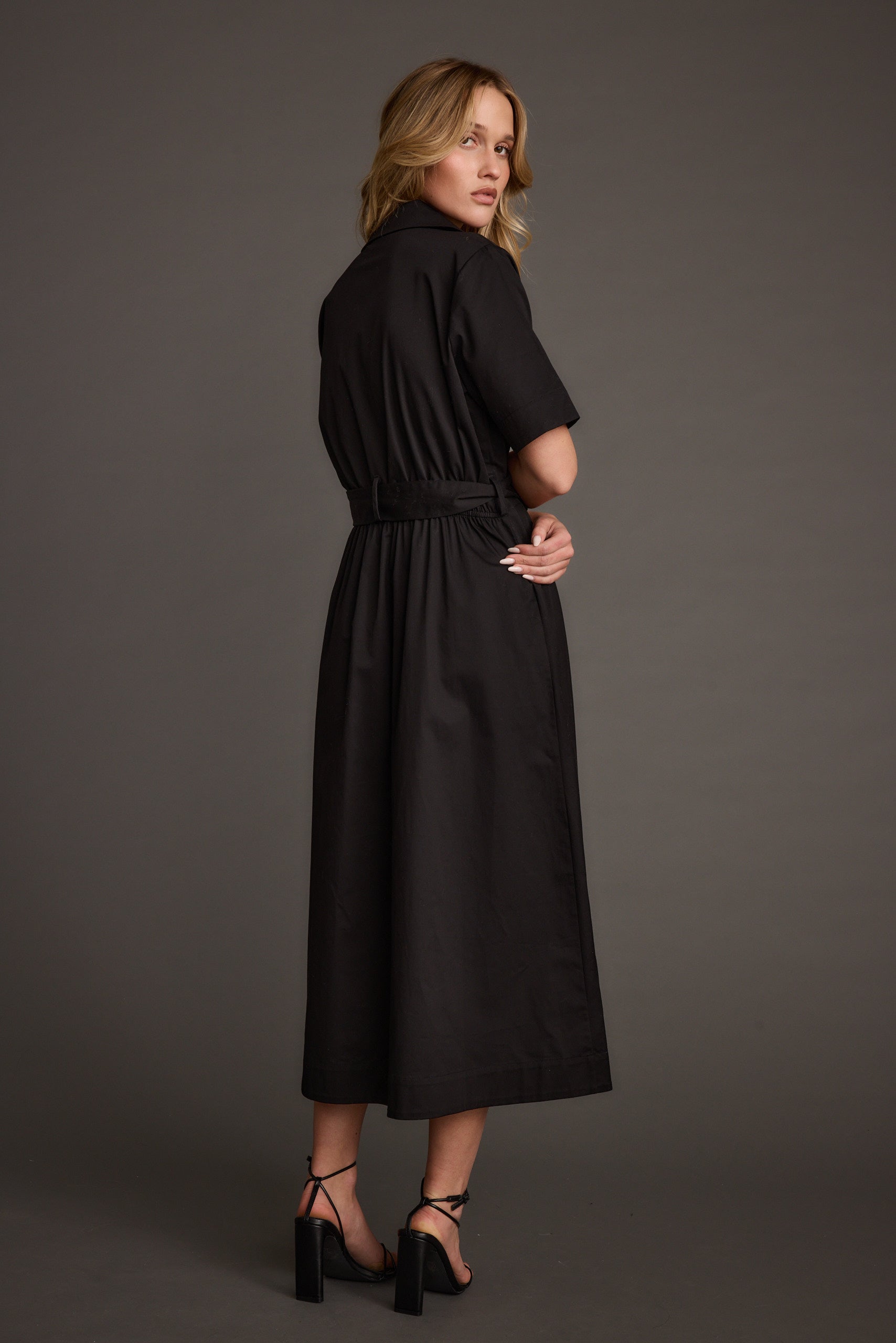Leena Black Button Front Belted Midi Dress