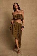 Lima Olive Asymmetrical Midi Skirt