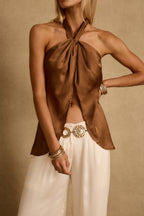 Moonlit Kiss Mocha Satin Halter Top