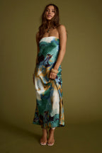 Natalia Blue and Gold Watercolor Strapless Maxi Dress