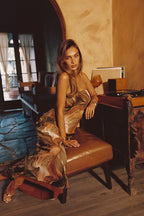 Natalia Olive and Rust Abstract Strapless Maxi Dress