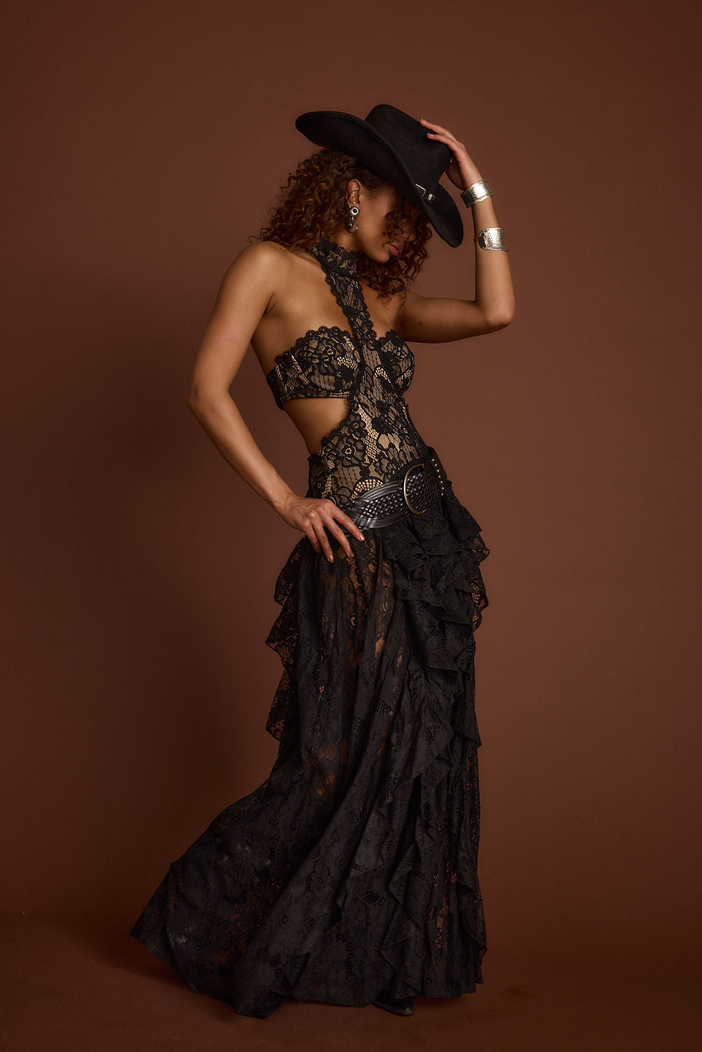 Princesa Black Lace Drop Waist Maxi Dress