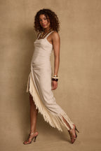 Serenade Beige Linen Wrap Midi Dress