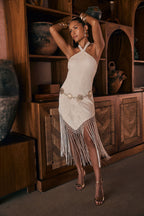 Fontaine Ivory Jacquard Fringe Midi Dress