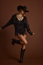 Talia Black Sequin Fringe Romper