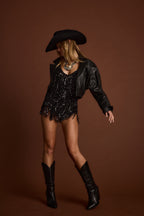 Talia Black Sequin Fringe Romper