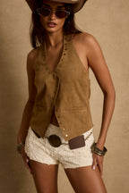 Thatcher Camel Suede Studded Top