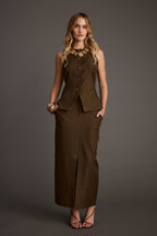 Tory Mocha Twill Button Front Sleeveless Top