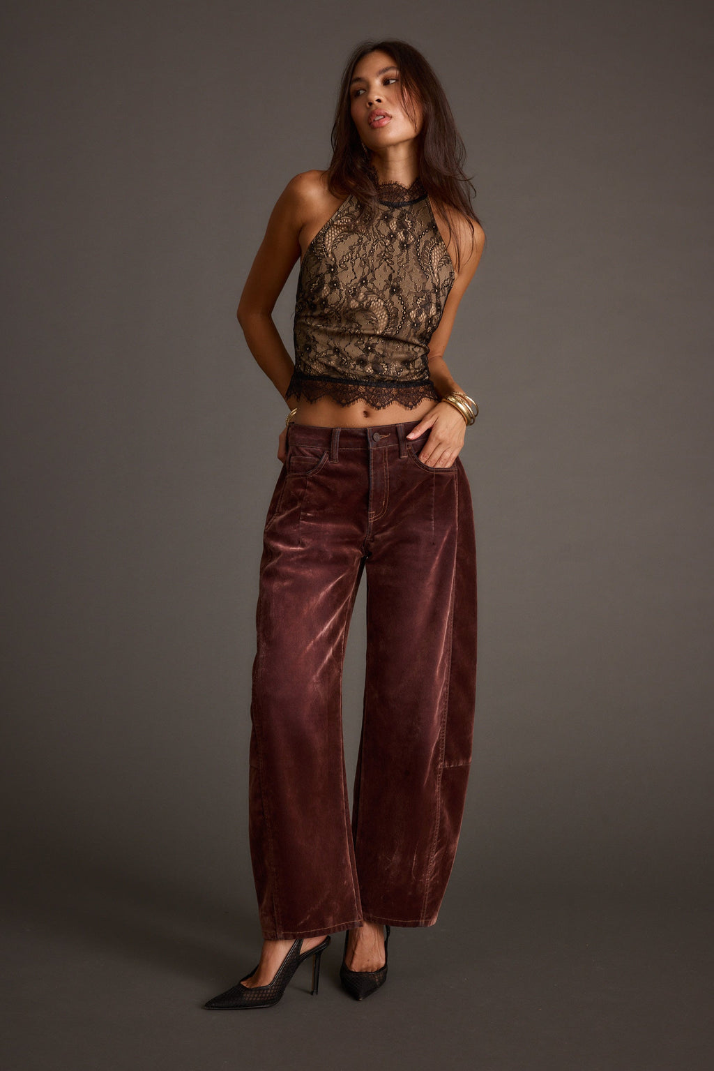 Vivette Black Lace Mock Neck Halter Top