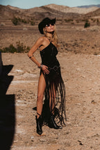Wisteria Black Fringe Maxi Dress