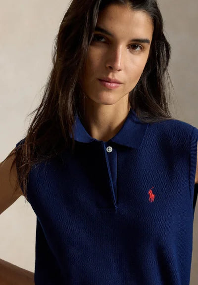 COTTON CROPPED SLEEVELESS POLO SWEATER - Sweater - east side royal