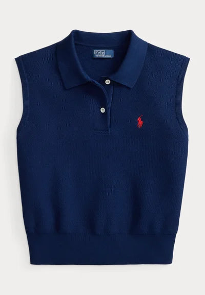 COTTON CROPPED SLEEVELESS POLO SWEATER - Sweater - east side royal