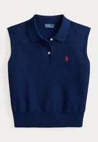 COTTON CROPPED SLEEVELESS POLO SWEATER - Sweater - east side royal